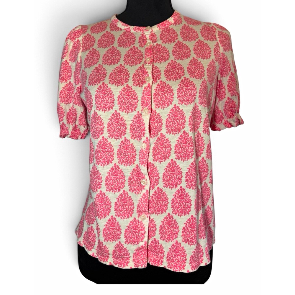 Boden Pink White Floral Woven Button Front Round Neck Short Sleeve Blouse 6